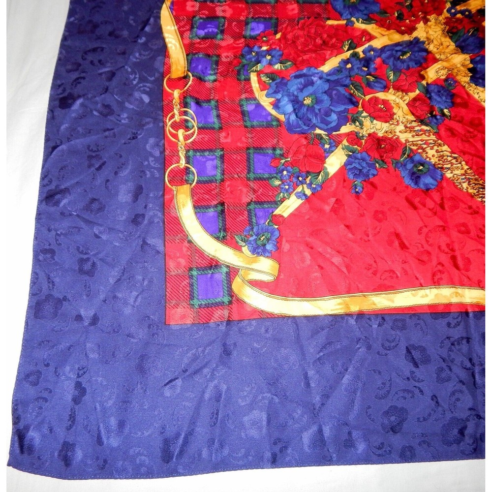 Ricki Freeman For Teri Jon Floral Silk Scarf Navy Red Gold Plaid Korea - Picture 6 of 16